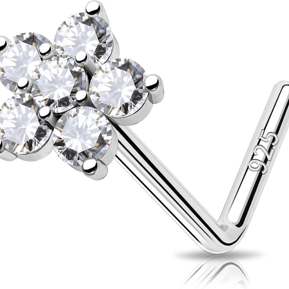 Sterling Silver Flower Nose Stud 20G L Shaped CZ Hypoallergenic Men Women